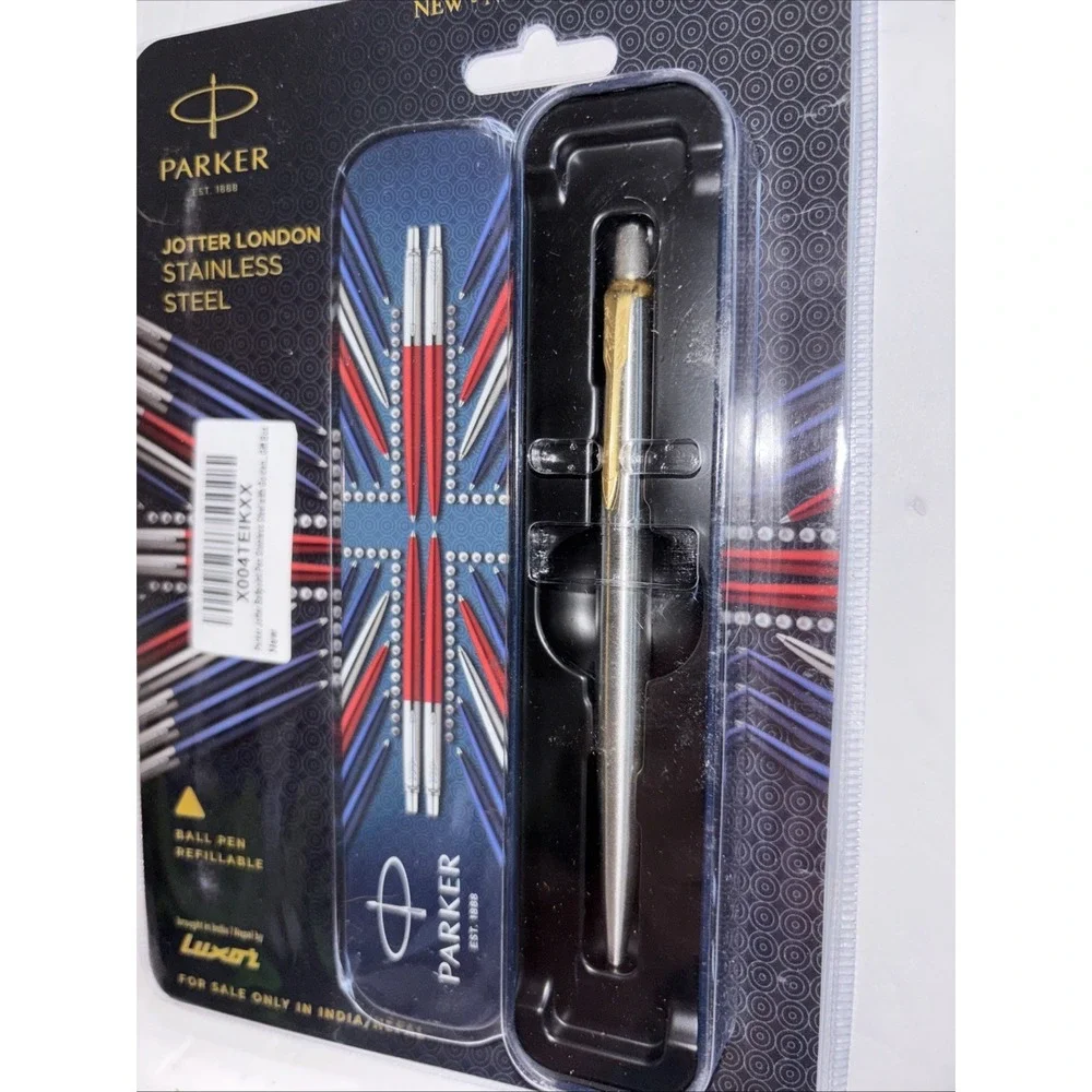Parker Jotter London Stainless Steel Ball Pen Gold Tone Clip Blue Ink
